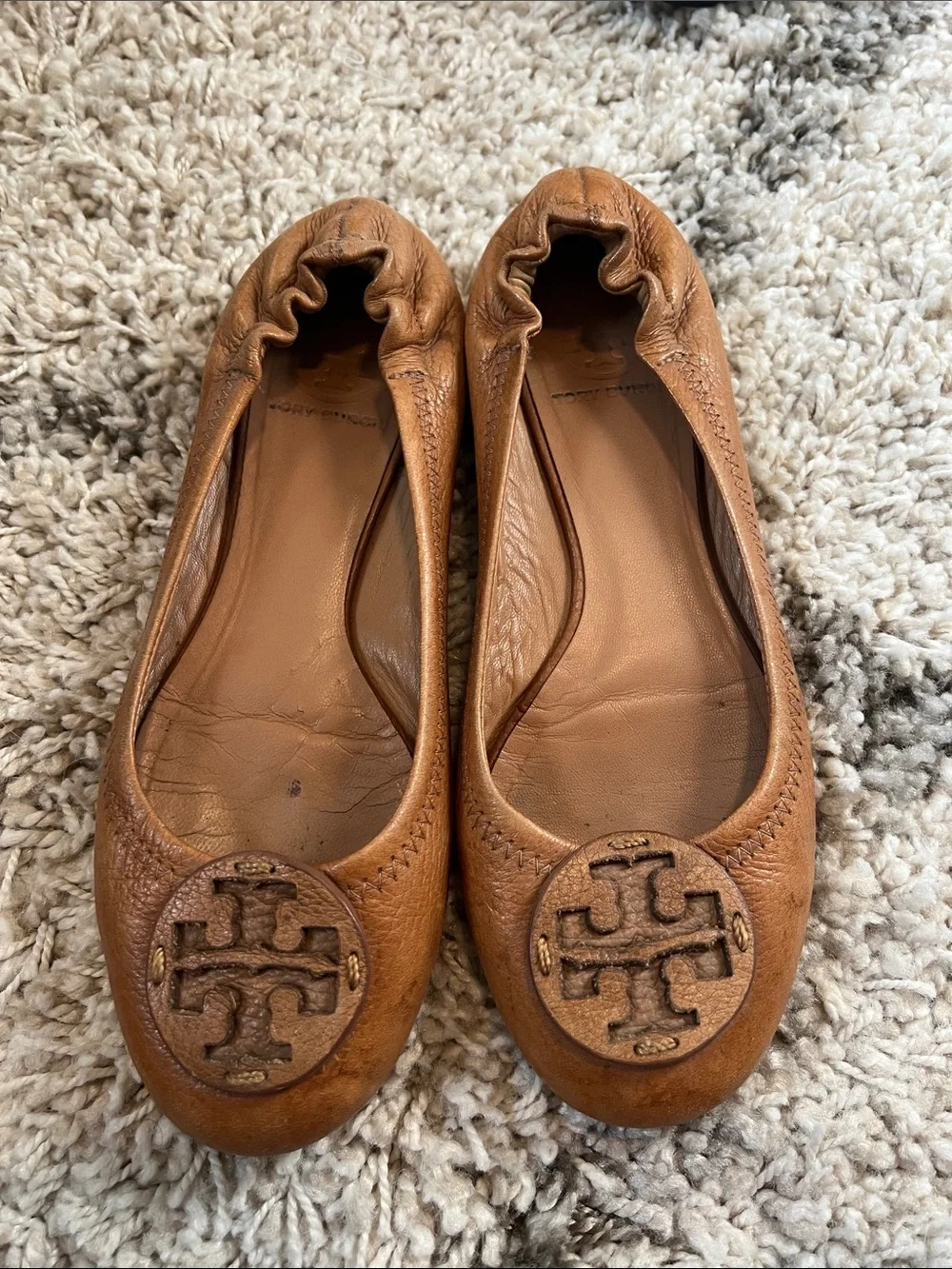TORY BURCH Cognac Leather Logo Ballet Flats